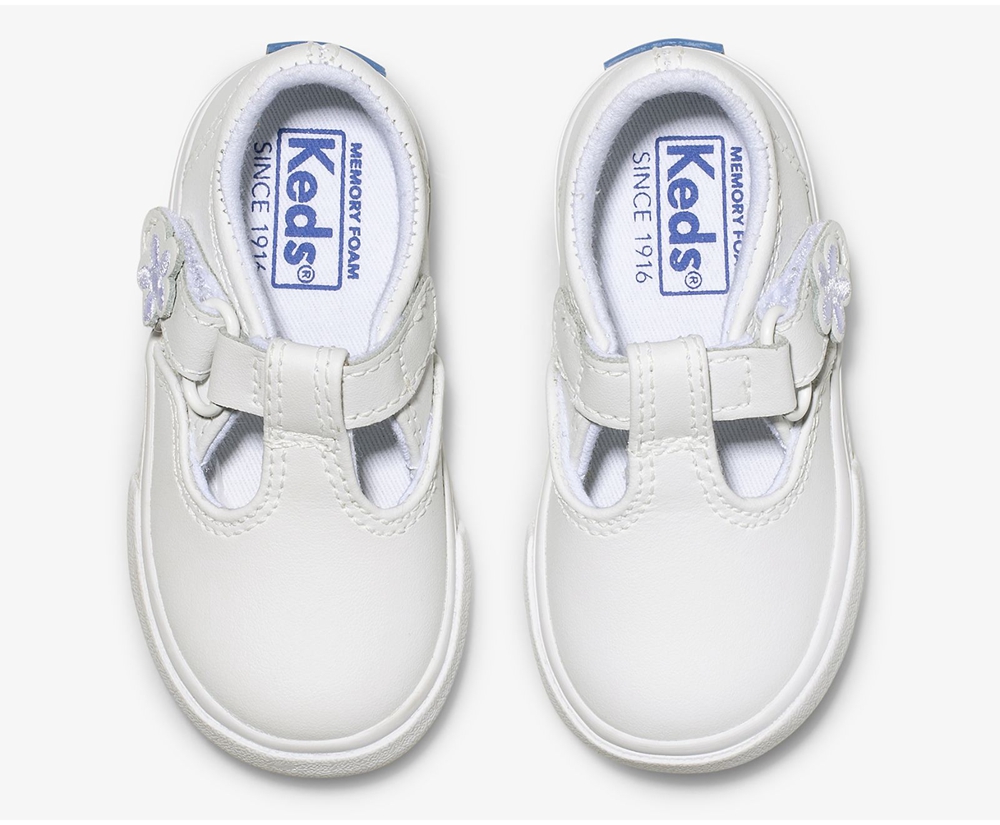 Slip Ons Keds Niños Blancas - Daphne T-Strap Cuero - 136-HSLNUR